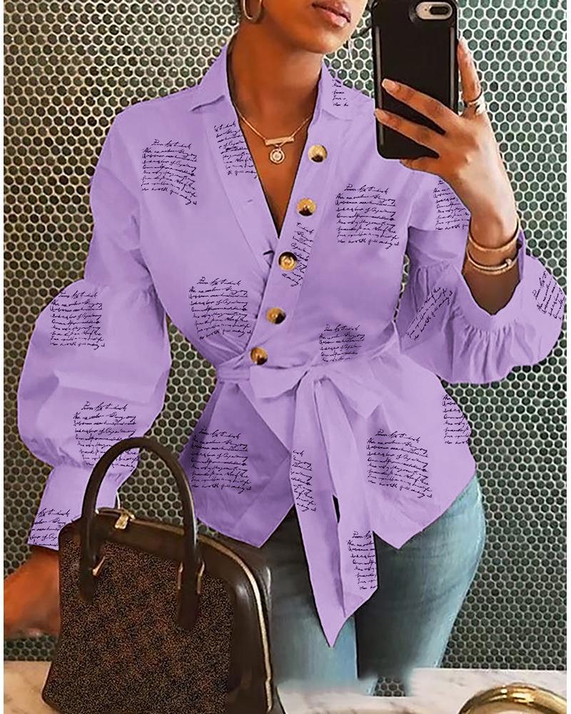 

Lantern Sleeve Buttoned Surplice Wrap Printed Blouse, Purple