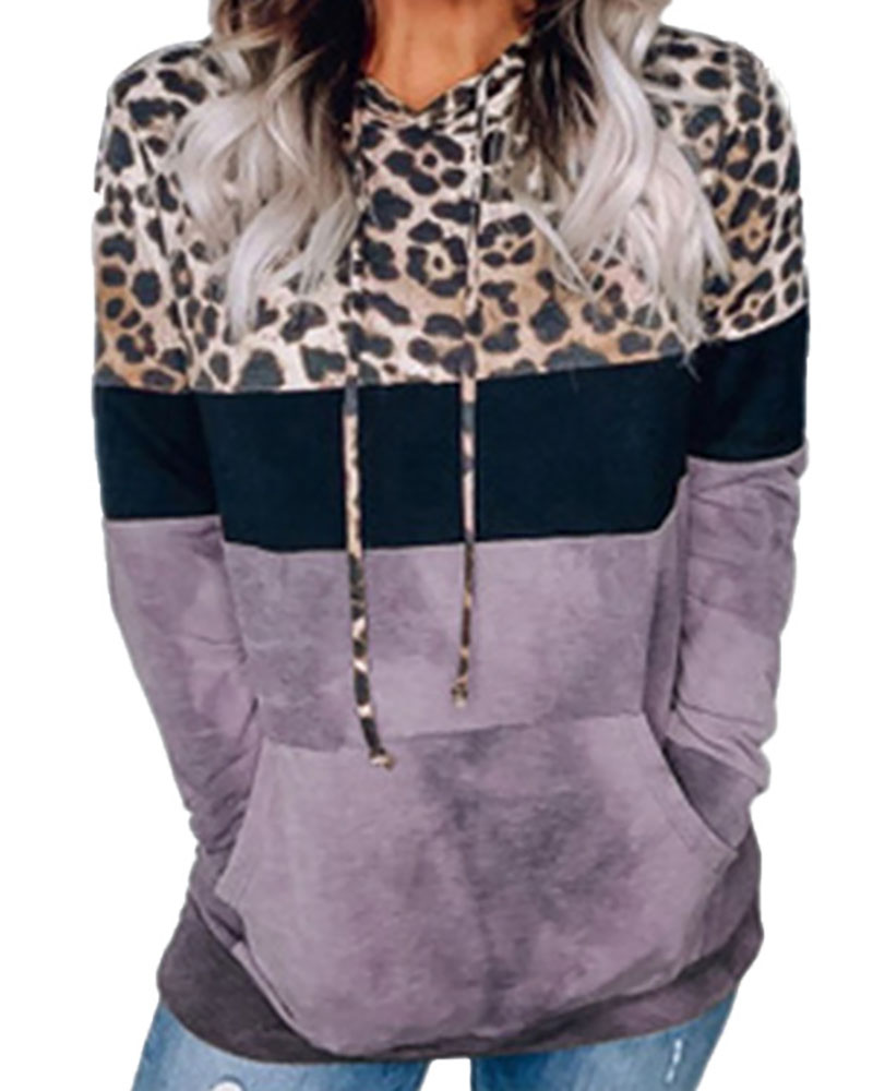 

Cheetah Print Colorblock Pocket Design Casual Hoodie, Light purple