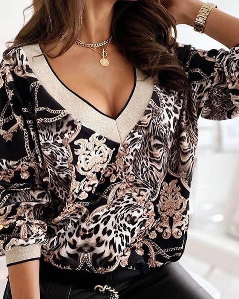 

All Over Print Lantern Sleeve Top, Black