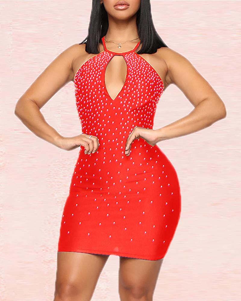 

Studded Cut Out Chest Backless Bodycon Dress, Red