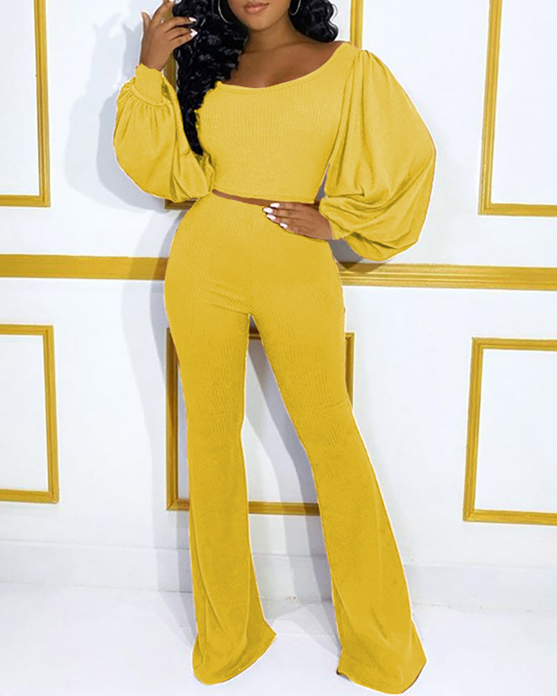 

Plain Lantern Sleeve Ribbed Top & Flared Pants Set, Yellow