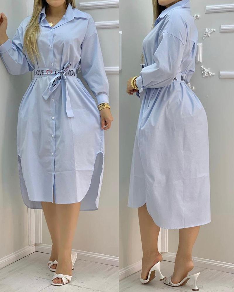 

Plain Side Slit Lantern Sleeve Button Front Shirt Dress, Blue