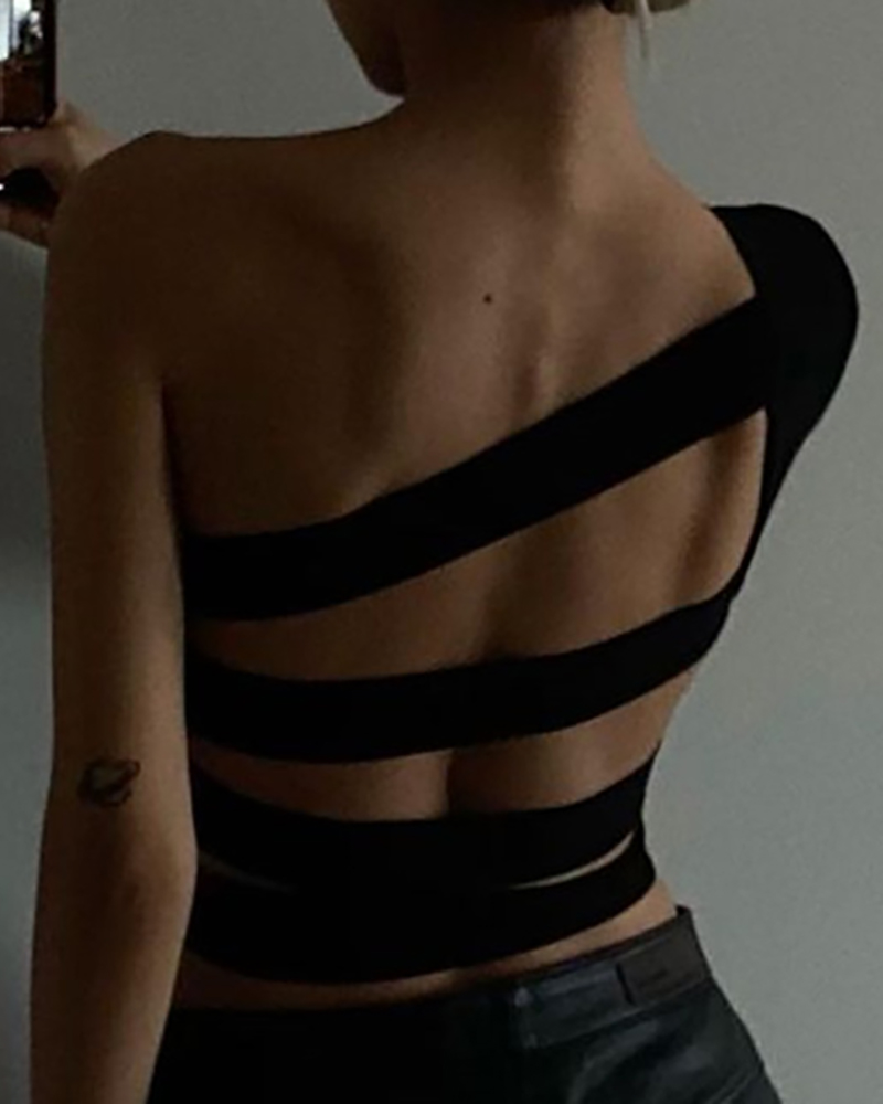 

One Shoulder Cutout Plain Crop Top, Black
