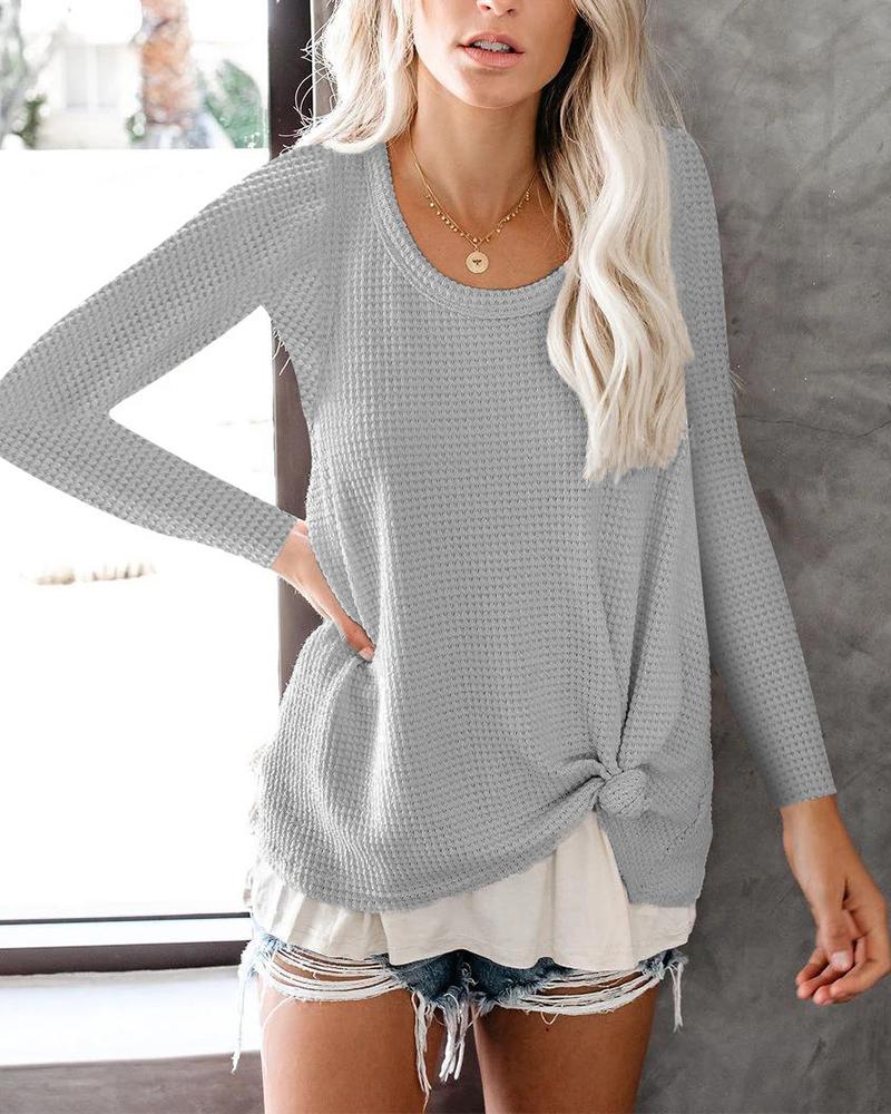 

Solid Long Sleeve Waffle Knit Pullover Sweater, Gray