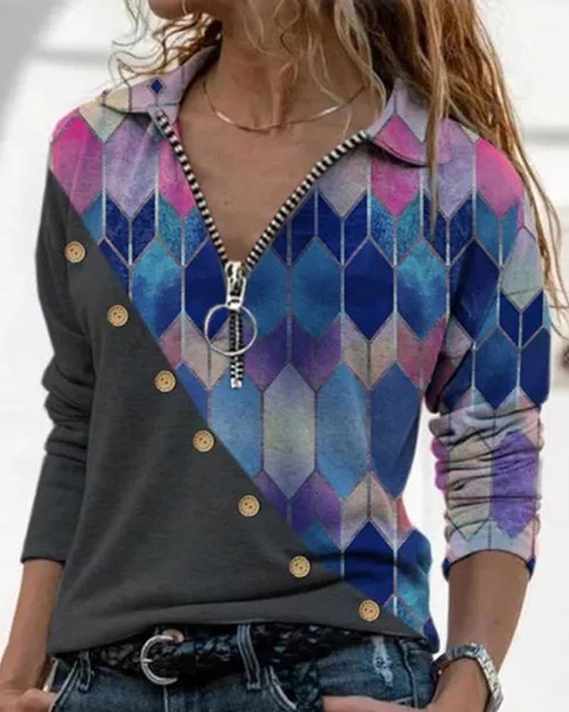 

Abstract Print Zipper Design Women Blouse, Blue