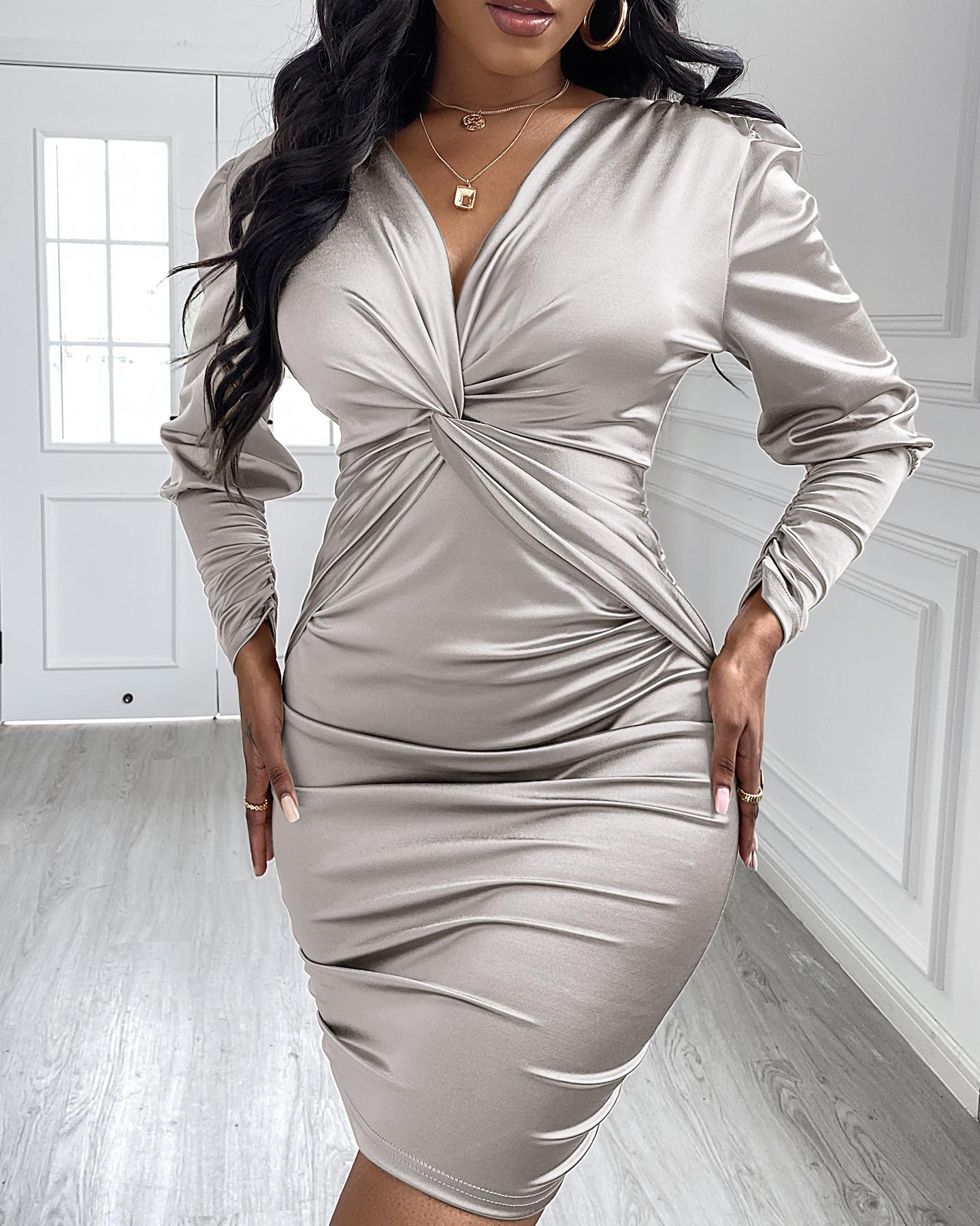 

Twisted Ruched Satin Bodycon Dress, Silver