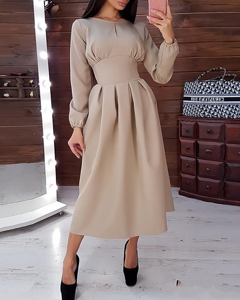 

Solid Tight Waist Casual Midi Dress, Khaki