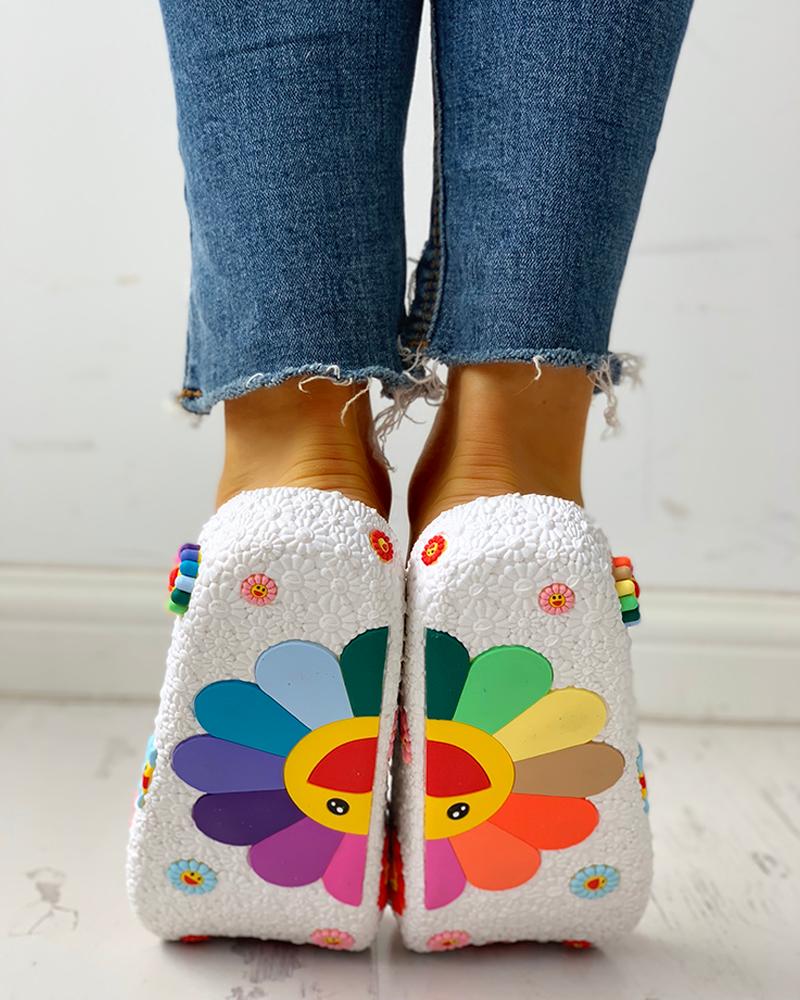 

Colorful Sunflower Pattern Casual Sandals, White
