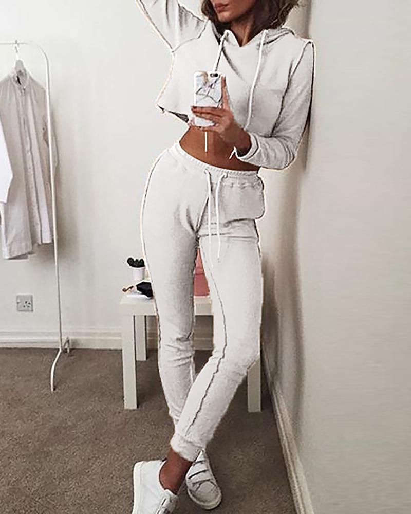 

Hooded Crop Top & Contrast Binding Drawstring Pants Set, White