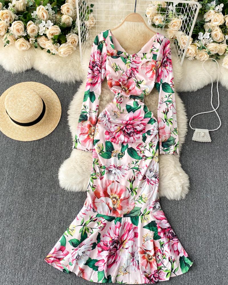 

All Over Print Skinny Waist Long Sleeve Mermaid Maxi Dress, Pink