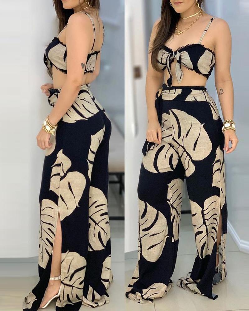 

Tropical Print Spaghetti Strap Top & High Slit Pants Set, Black