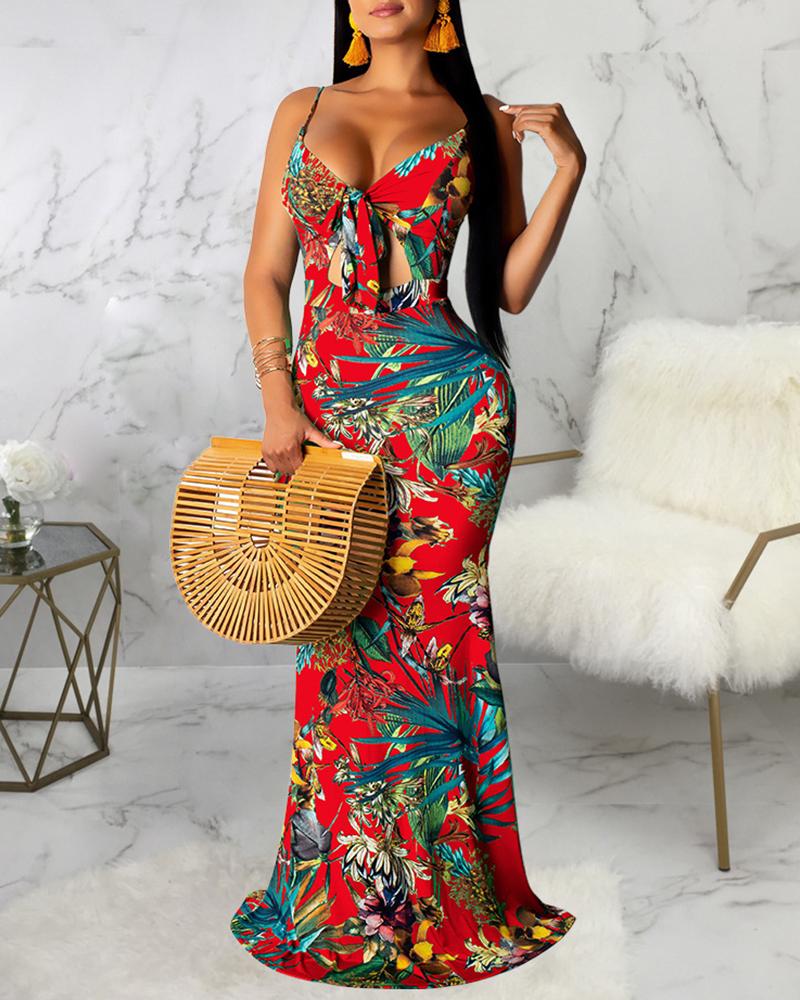 

Tropical Print Tie Front Cutout Dress, Red