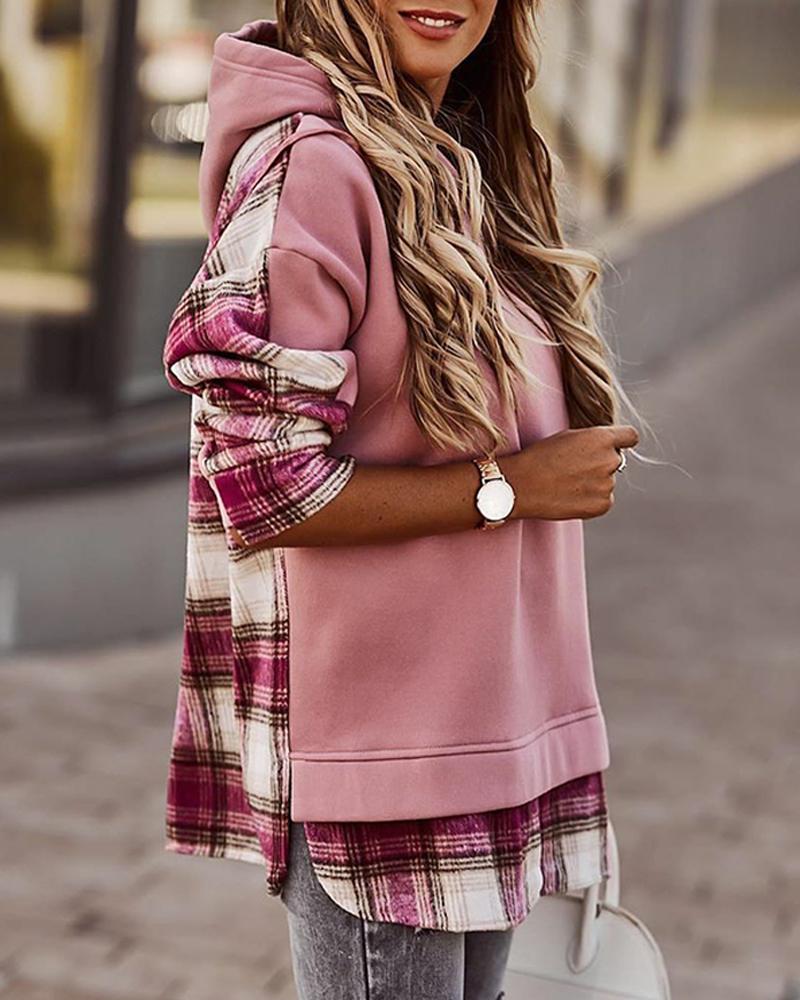 

Colorblock Plaid Long Sleeve Loose Hoodies Blouse, Pink