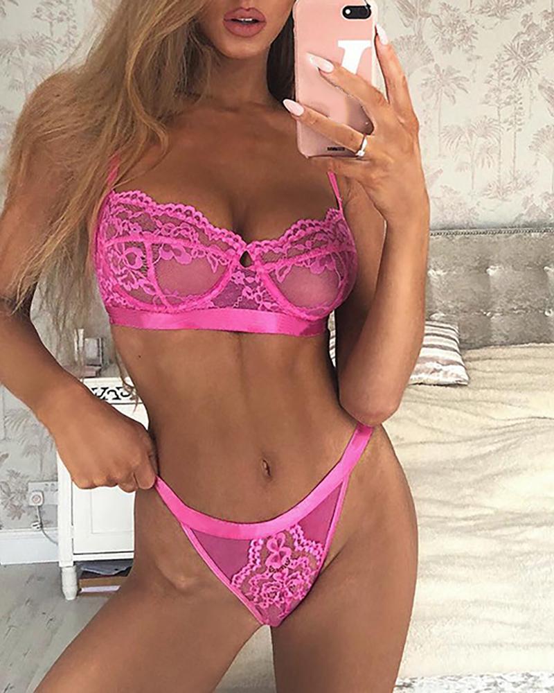

Spaghetti Strap Crochet Lace Bra Set, Pink