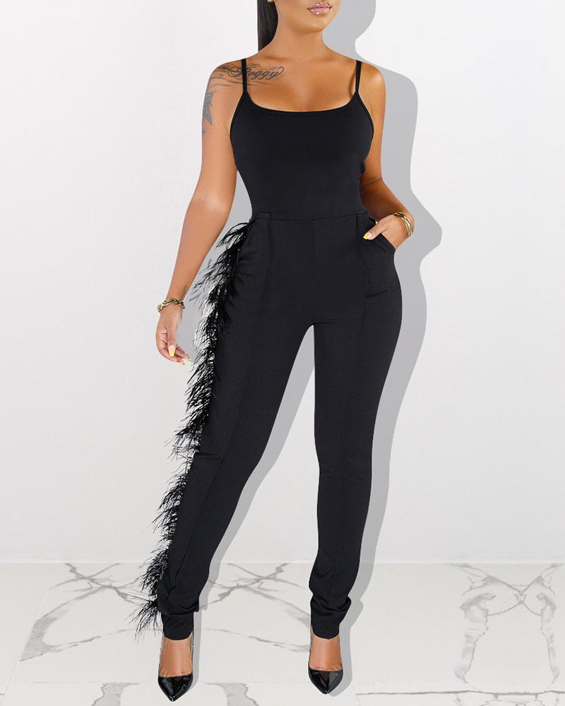 Solid U Neck Pocket Design Feather Trim Jumpsuit