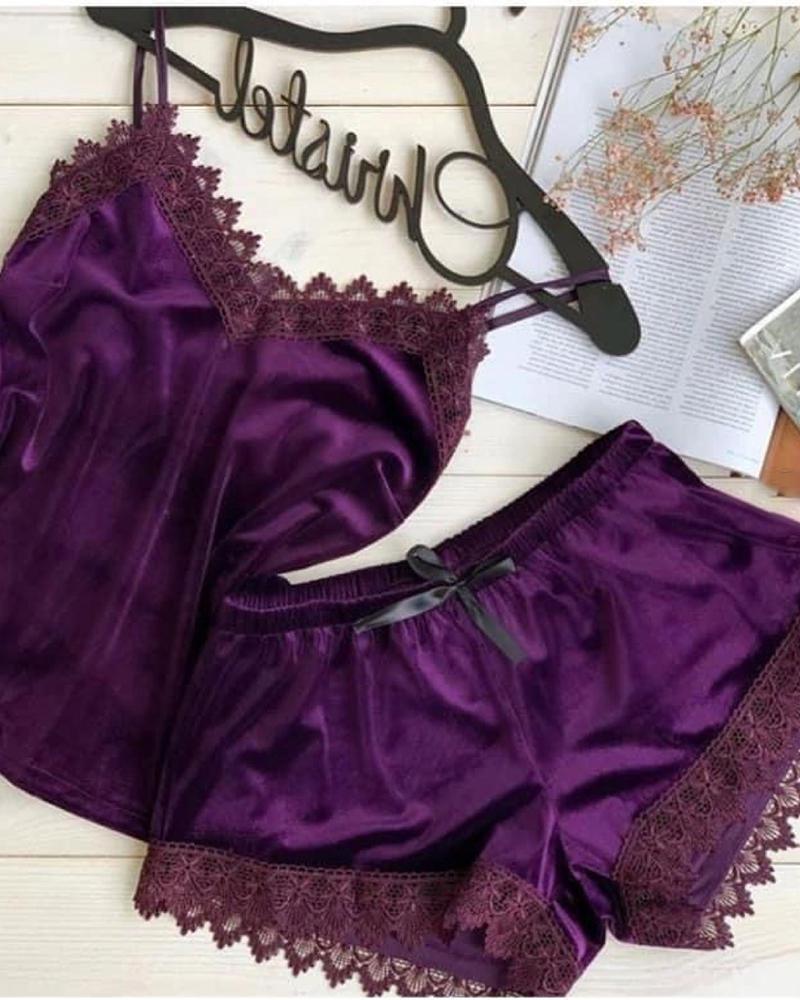 

Velvet Lace Trim Bowknot Design Cami Set, Purple