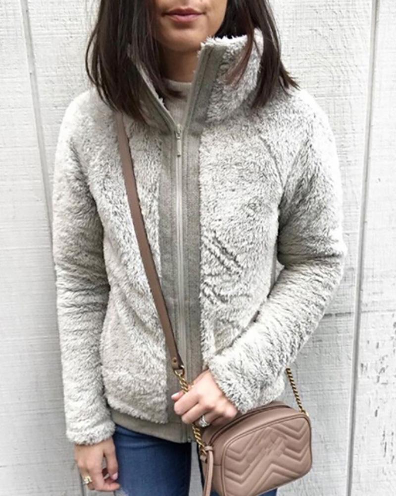 

Fluffy Zipper Design Long Sleeve Coat, Gray