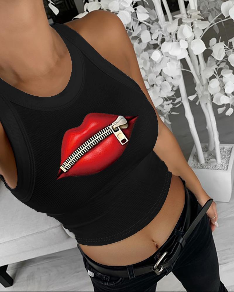 

Lip Zipper Print Crop Tank Tops Sleeveless Basic Top Shirt Slim Knit Ribbed Racerback Blouses, Black