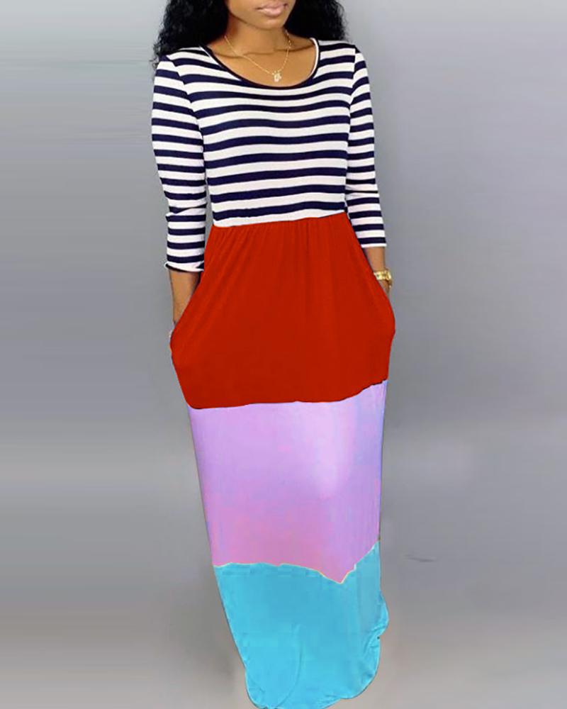 

Striped Color Block Insert Maxi Women Dress, Red