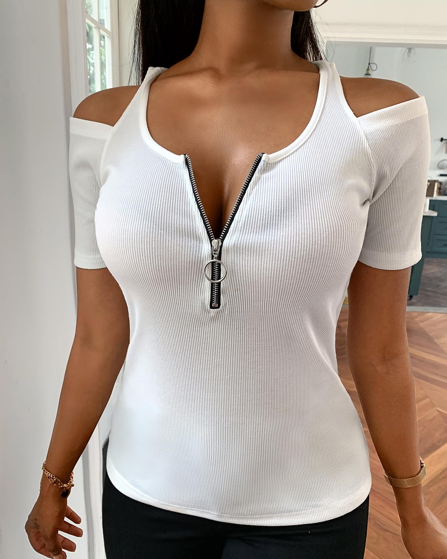 

Cold Shoulder Zipper Design Ribbed Casual Top, White