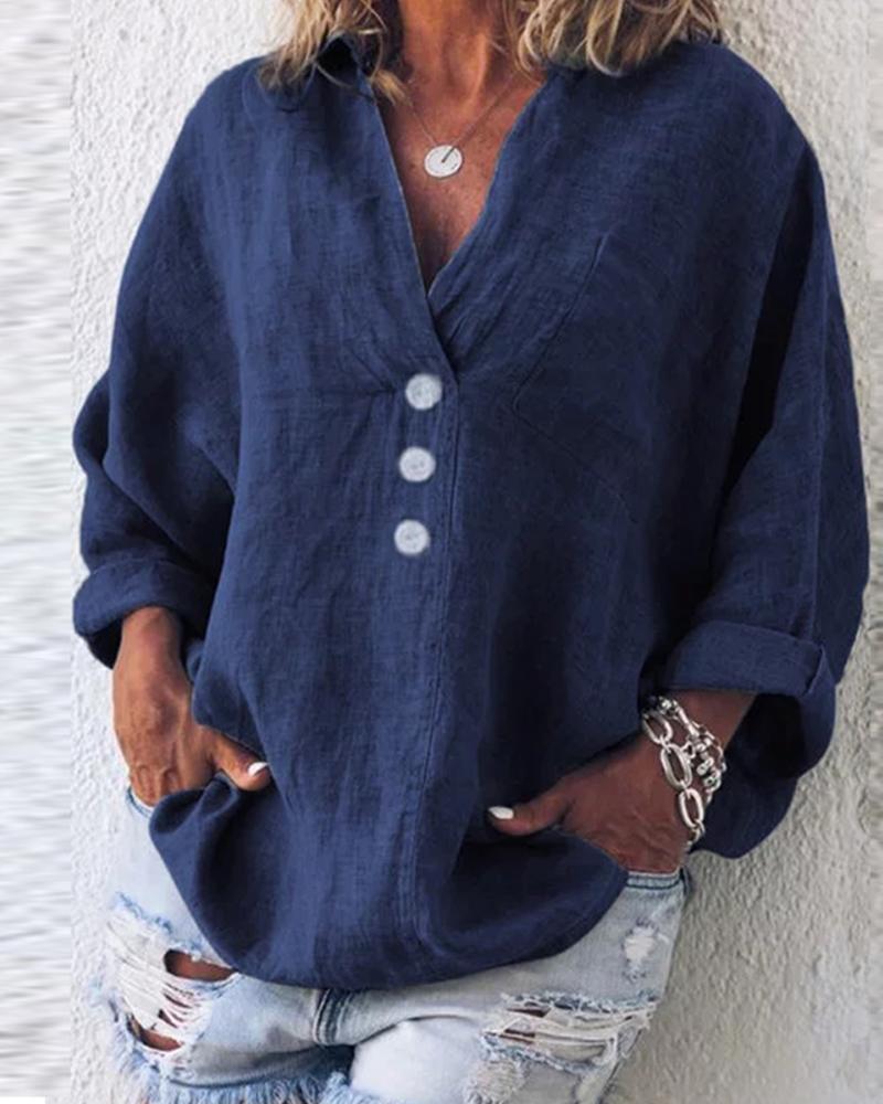 

Button-Up Cotton & Linen Blouse, Blue