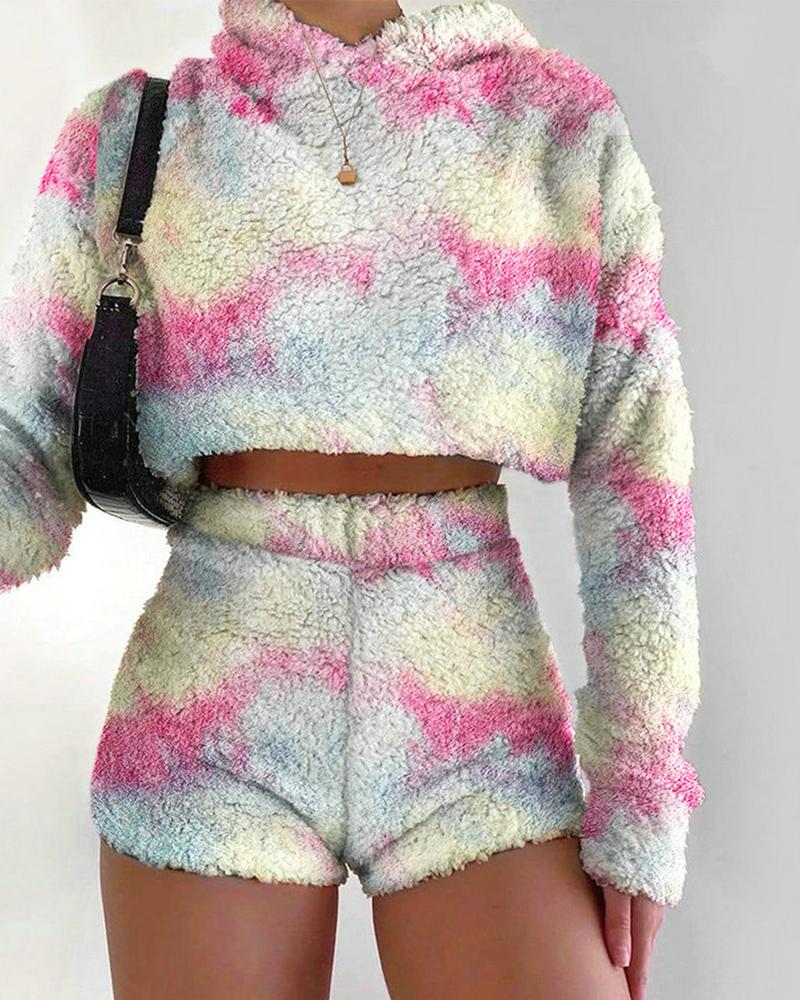 

Fluffy Cheetah Tie Dye Print Hooded Crop Top & Shorts Set, Pink