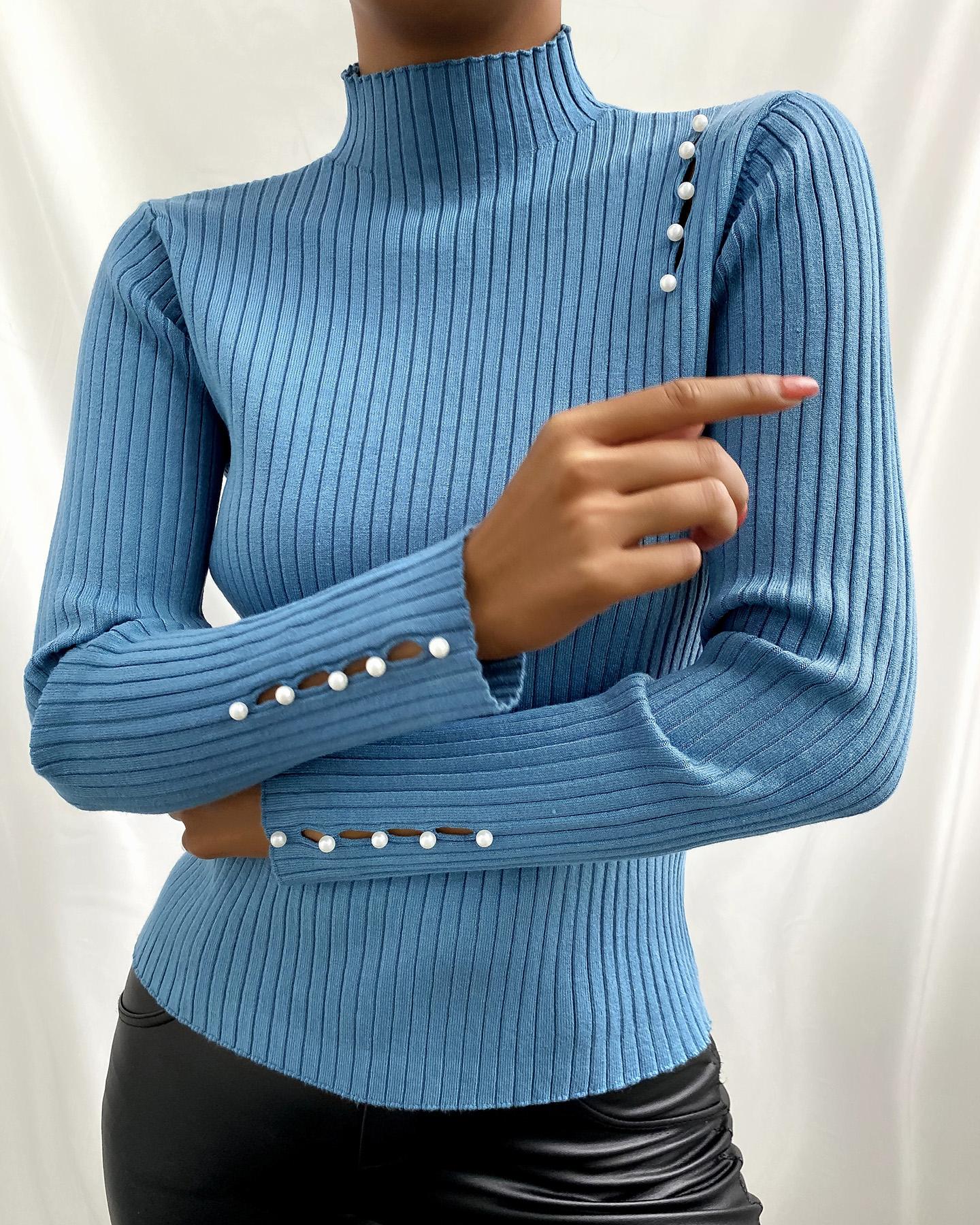 

Beaded High Neck Top, Blue