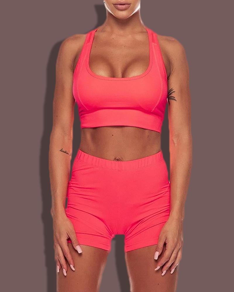 

Solid U Neck Thin Strap Sporty Set, Hot pink