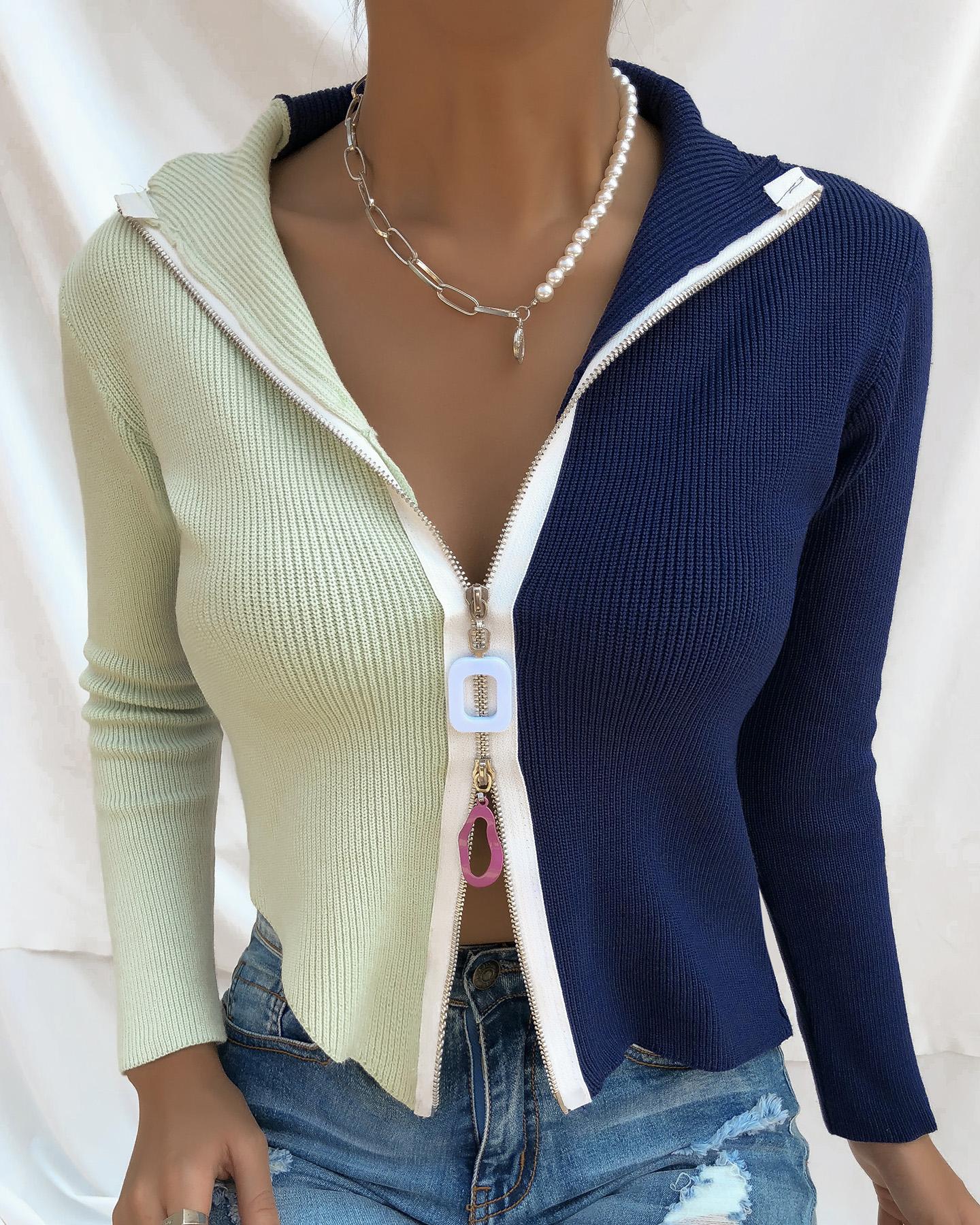 

Zipper Design Colorblock Knit Sweater, Blue