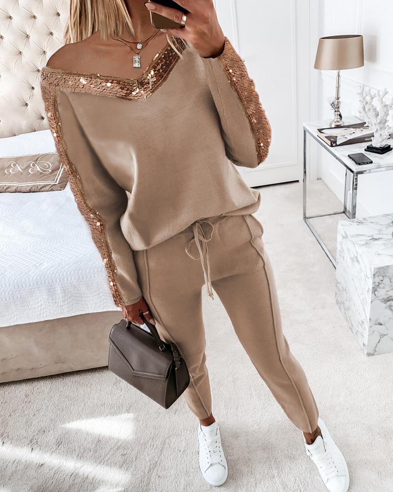 

Sequins Long Sleeve Top & Drawstring Pants Set, Brown