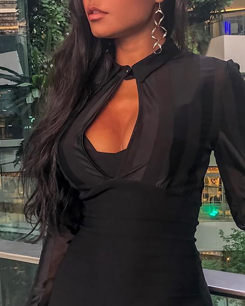 sheer mesh & stripes keyhole front bodycon dress