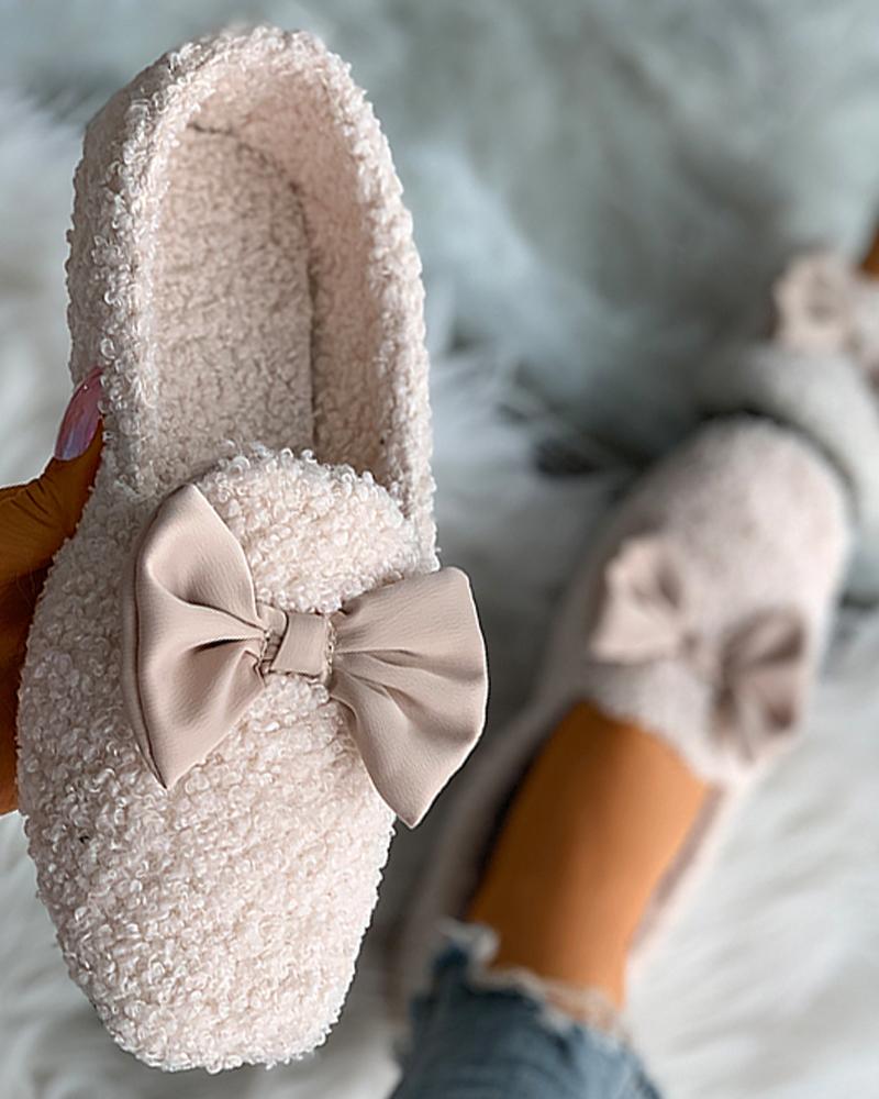 

Bowknot Square Toe Fluffy Shoes, Beige