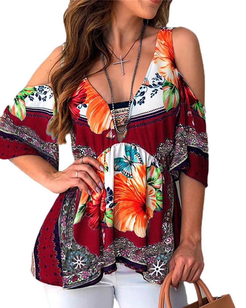 

Cold Shoulder V-neck Floral Print Top, Wine red