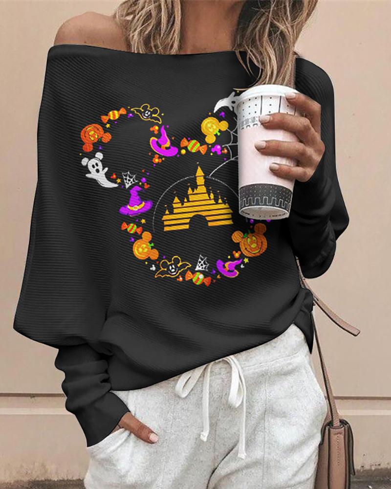 

Halloween Mixed Print Long Sleeve Casual Sweatshirt, Black