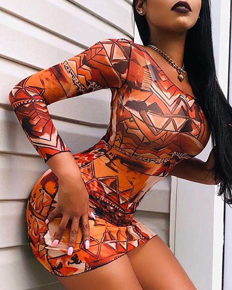 

Graphic Print One Shoulder Long Sleeve Bodycon Dress, Orange