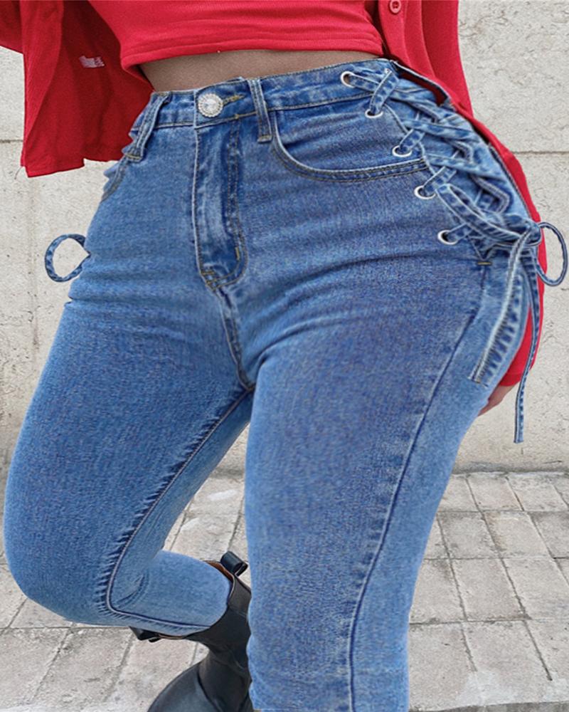 

Eyelet Lace Up Casual Jeans, Blue
