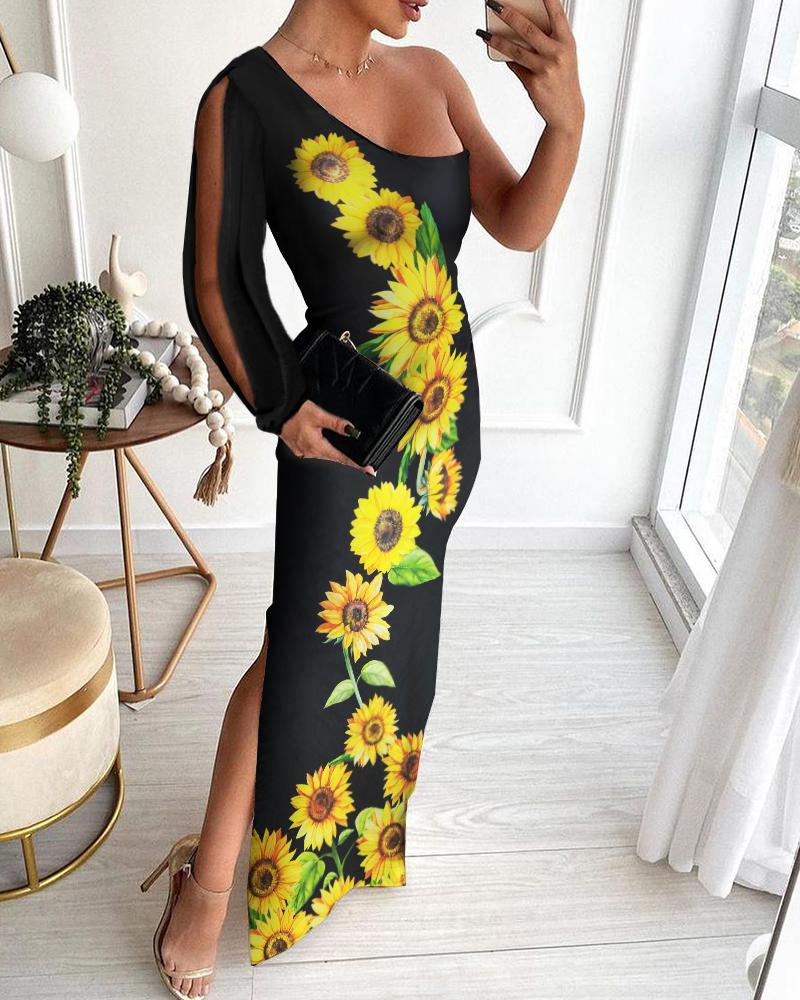 

Sunflower Print One Shoulder Side Slit Maxi Dress, Black