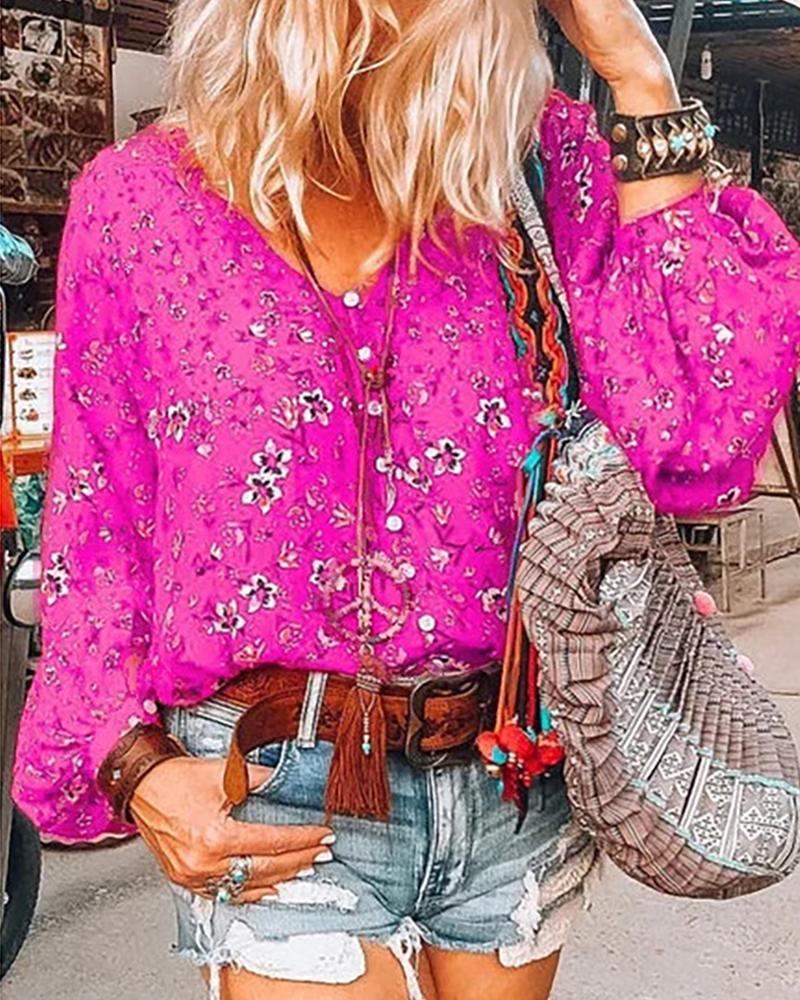 

Floral Print Lantern Sleeve Button Front Top, Purple