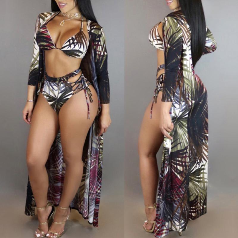 

3PCs Leaf Print Lace-up Bikini Swimsuit With Cover Up, Green