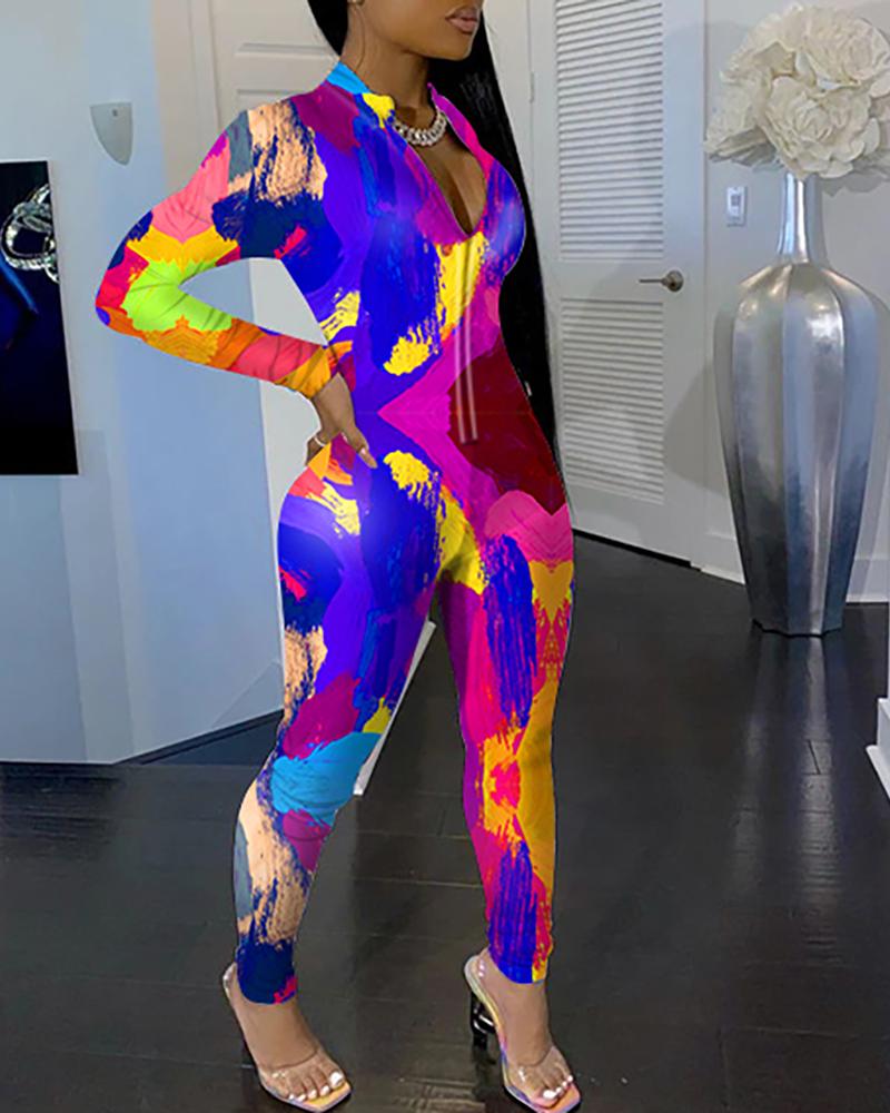 

Print Long Sleeve Zipper Design Jumpsuit, Multicolor