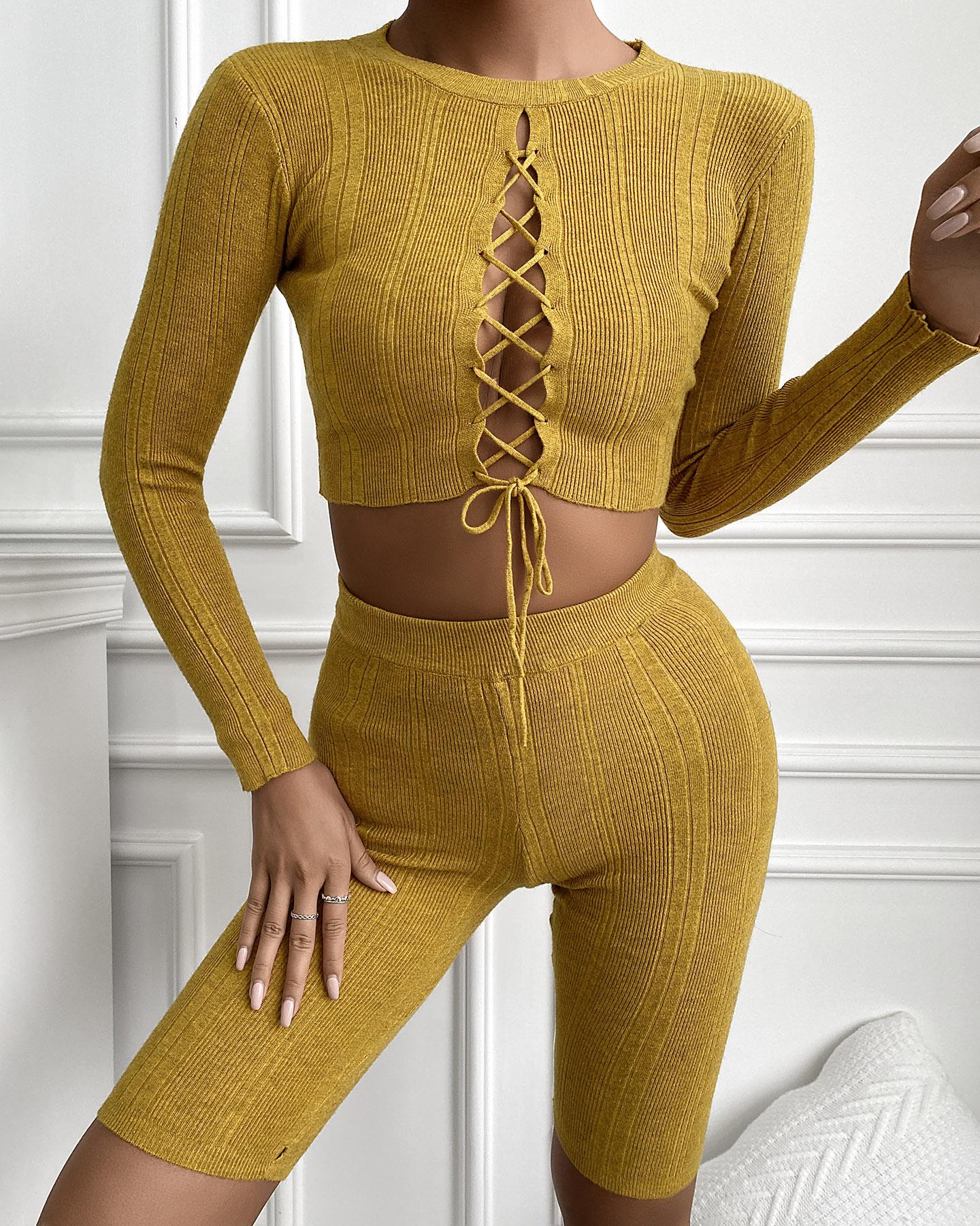 

Ribbed Knit Long Sleeve Lace Up Casual Top & Shorts Set, Yellow