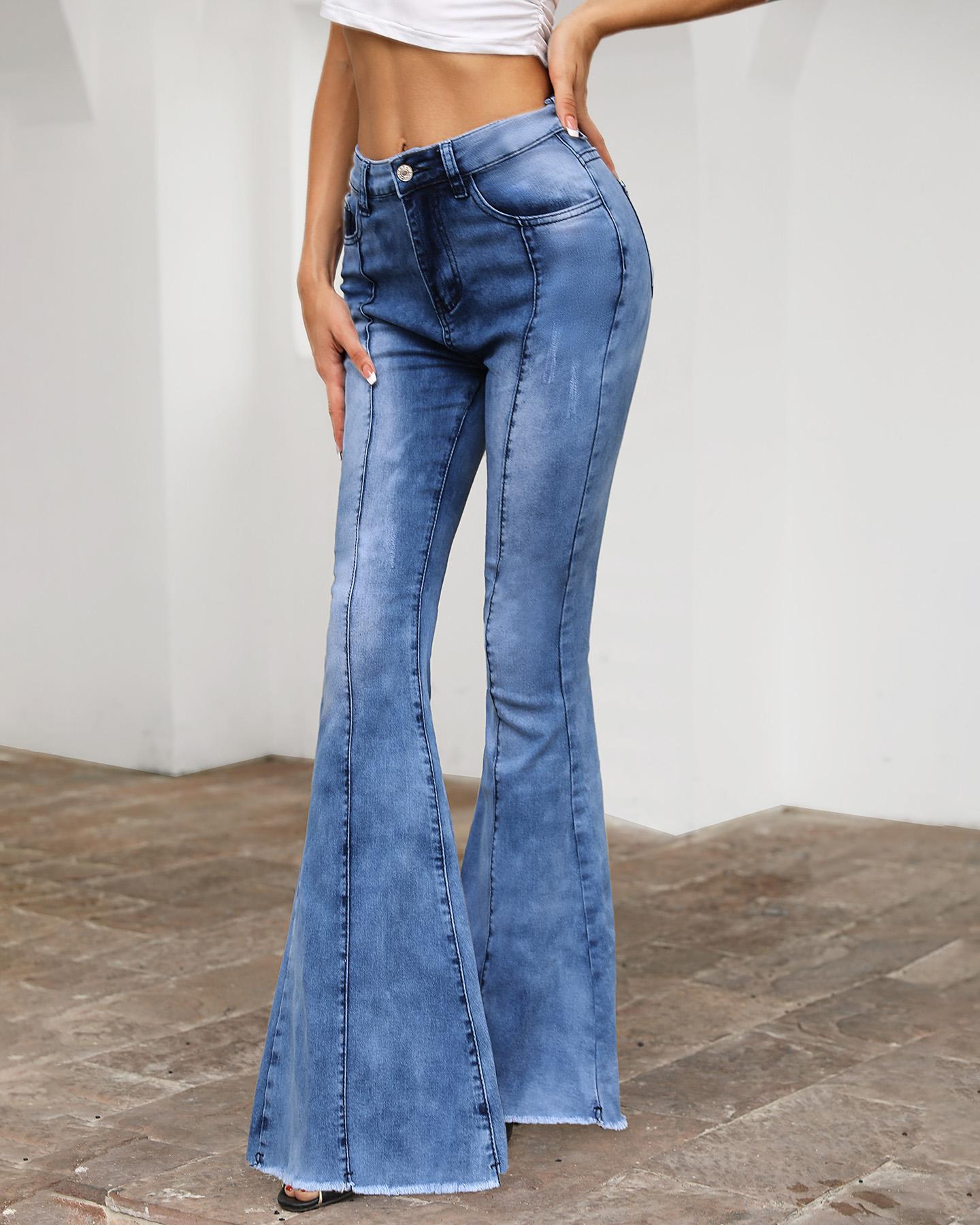 

High Waist Pocket Bell-Bottom Jeans, Blue