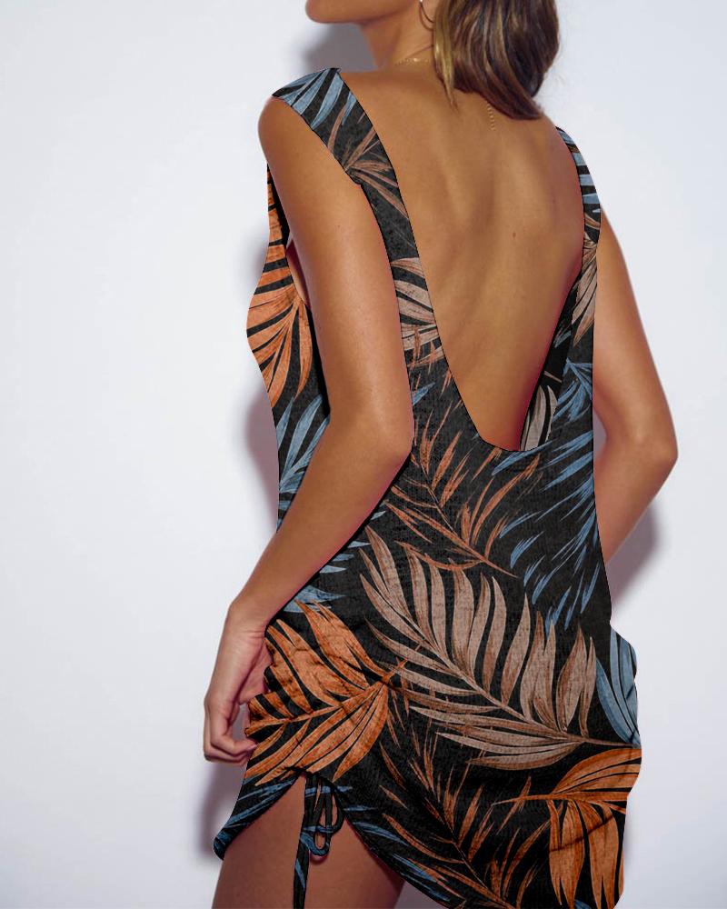 

Leaf Print Strap Sleeveless Loose Mini Dress, Black