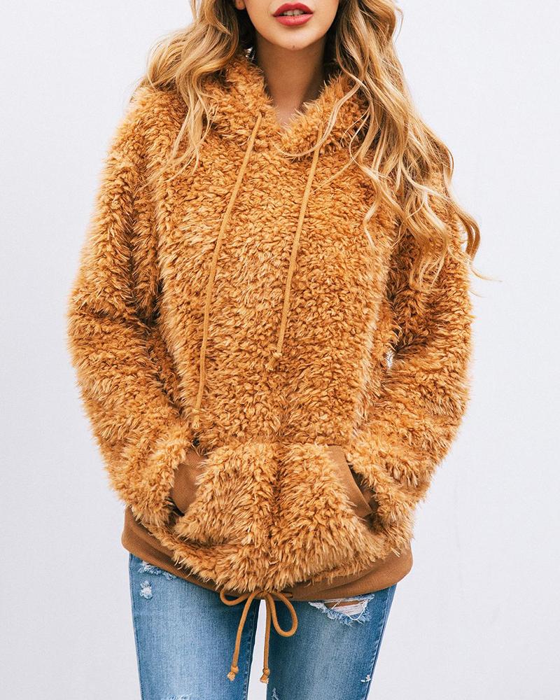 

Plain Pocket Front Drawstring Teddy Hoodie, Brown