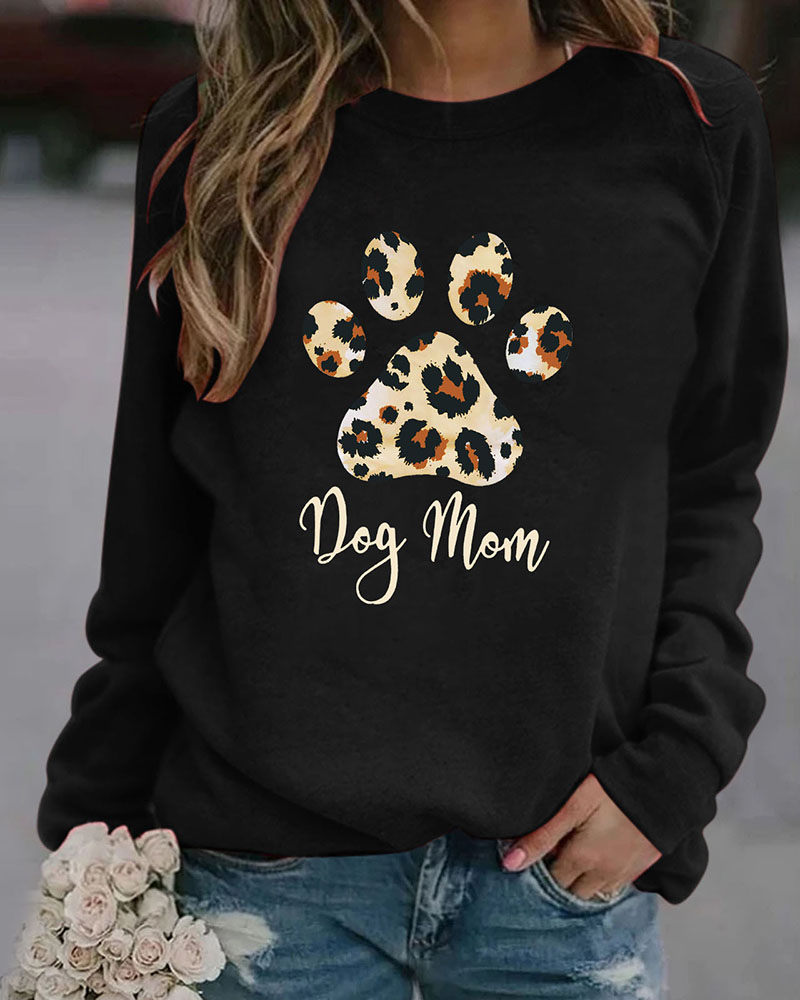 

Paw Leopard Letter Print Long Sleeve Casual Sweatshirt, Black