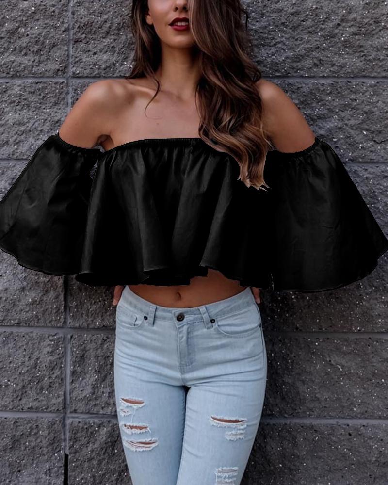 

Off Shoulder Ruffle Crop Top, Black