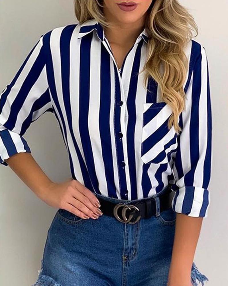 

Striped Pocket Button Up Casual Shirt, Blue