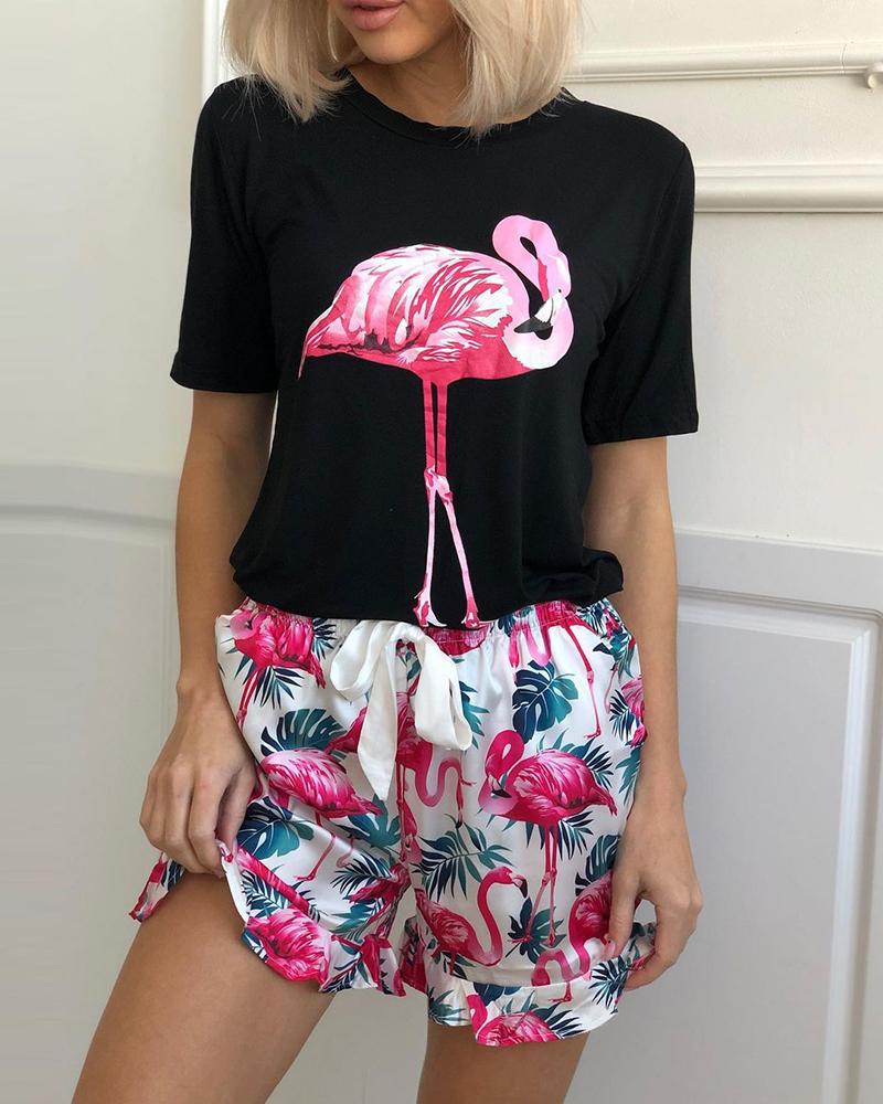 

Flamingo Tropical Print Pajamas Set, Black