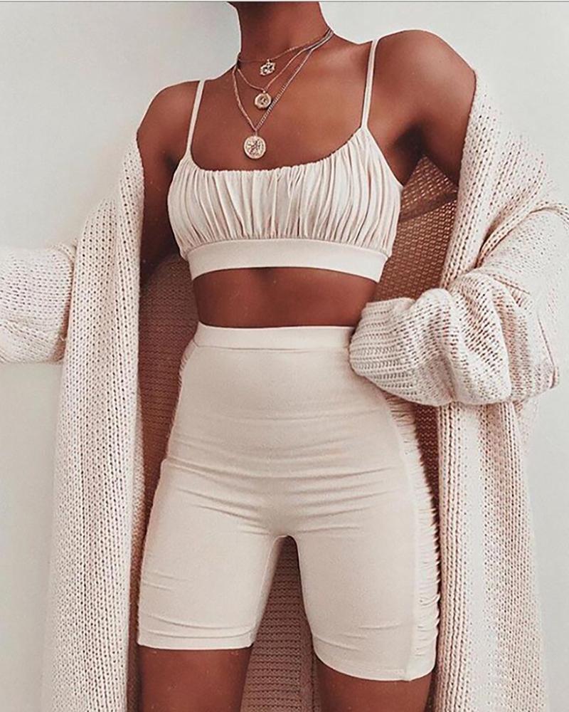 

Solid Spaghetti Strap Ruched Top & Shorts Set, Beige