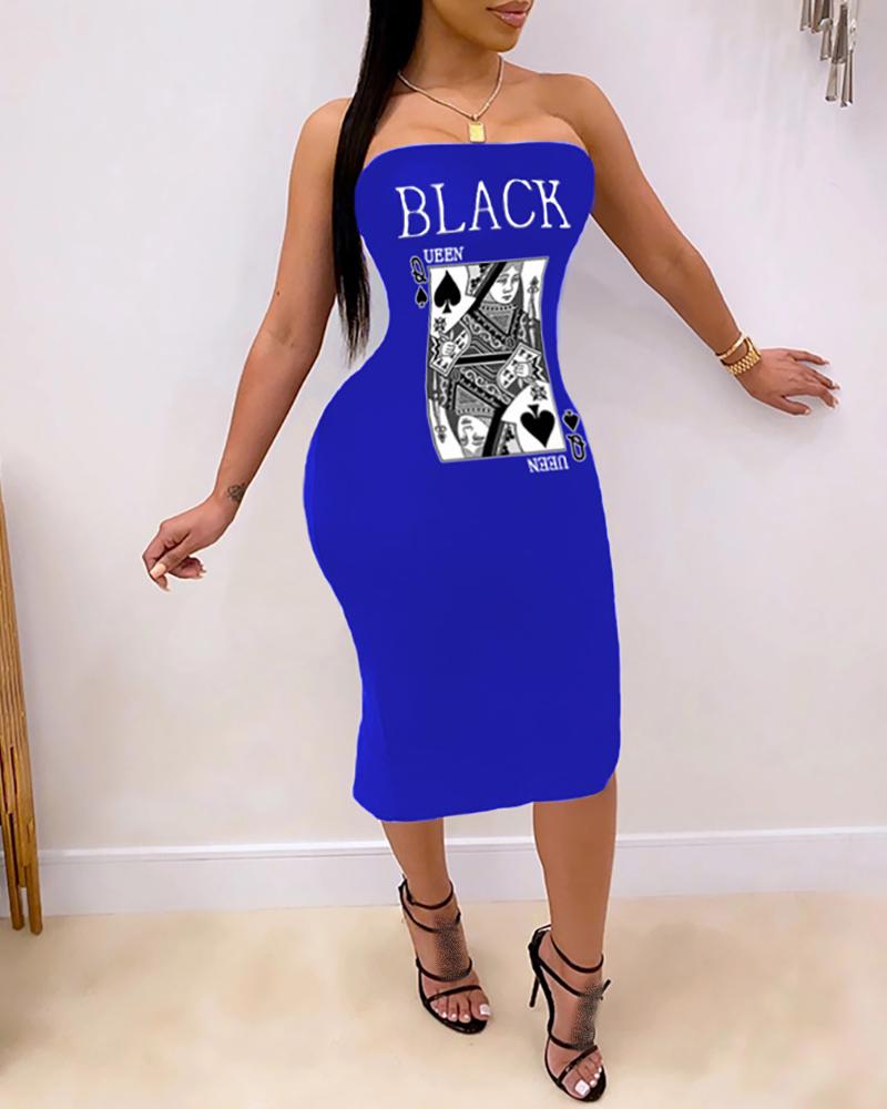 

Off Shoulder Letter Poker Print Slit Dress, Blue